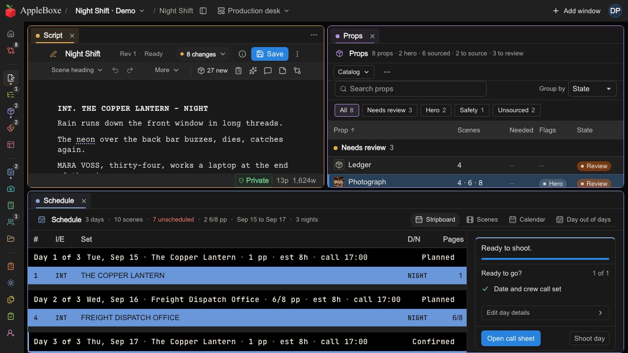 AppleBoxe workspace with screenplay, prop catalog and schedule in separate tool-colored windows.